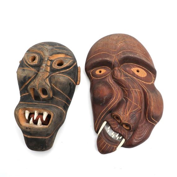 Jokum Edvard Jacob Sikemsen | Two carved wooden masks with bone teeth ...