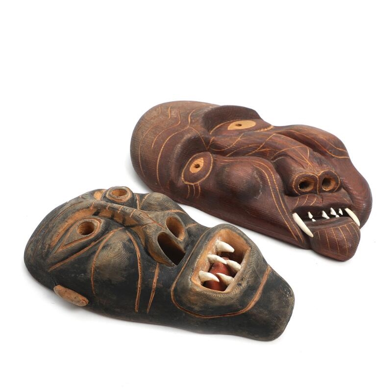 Jokum Edvard Jacob Sikemsen | Two carved wooden masks with bone teeth ...