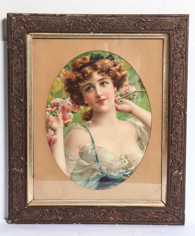 Artwork by Émile Vernon, An antique lithograph depicting the portrait of a lady among flowers, Made of lithograph