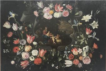 Virgin and Child in a wreath of flowers TOILE Height : 68 - Jan Peeter Brueghel