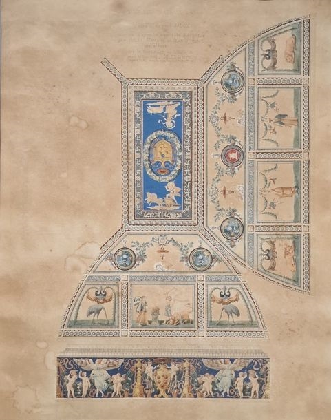 Artwork by Auguste Quantinet, From the Villa Madama in Rome / Vault of the Great Salon / Executed after Raphael's drawings by Julius Romain and Jean d'Udine, Made of drawing