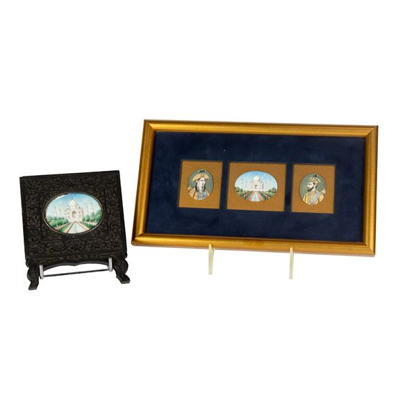 Two Anglo-Indian portrait miniatures of the Taj Mahal, including one mounted in carved ebony frame (image size 2"h x 2.5"w) and a se - Anglo-Indian School
