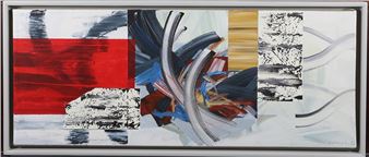 Shift V". Datiert und signiert unten rechts. Verso betitelt und nochmals datiert und signiert. Acrylfarben auf Leinwand. 30:77cm. R. (857 - Boris Doempke