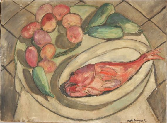 Still life with red mullet and vegetables by Marthe Lebasque