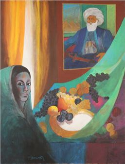 Portrait of Princess Faouzia, daughter of King Farouk of Egypt, depicted in front of the portrait of Mehmet Ali, 1992 - Mamdouh Anwar