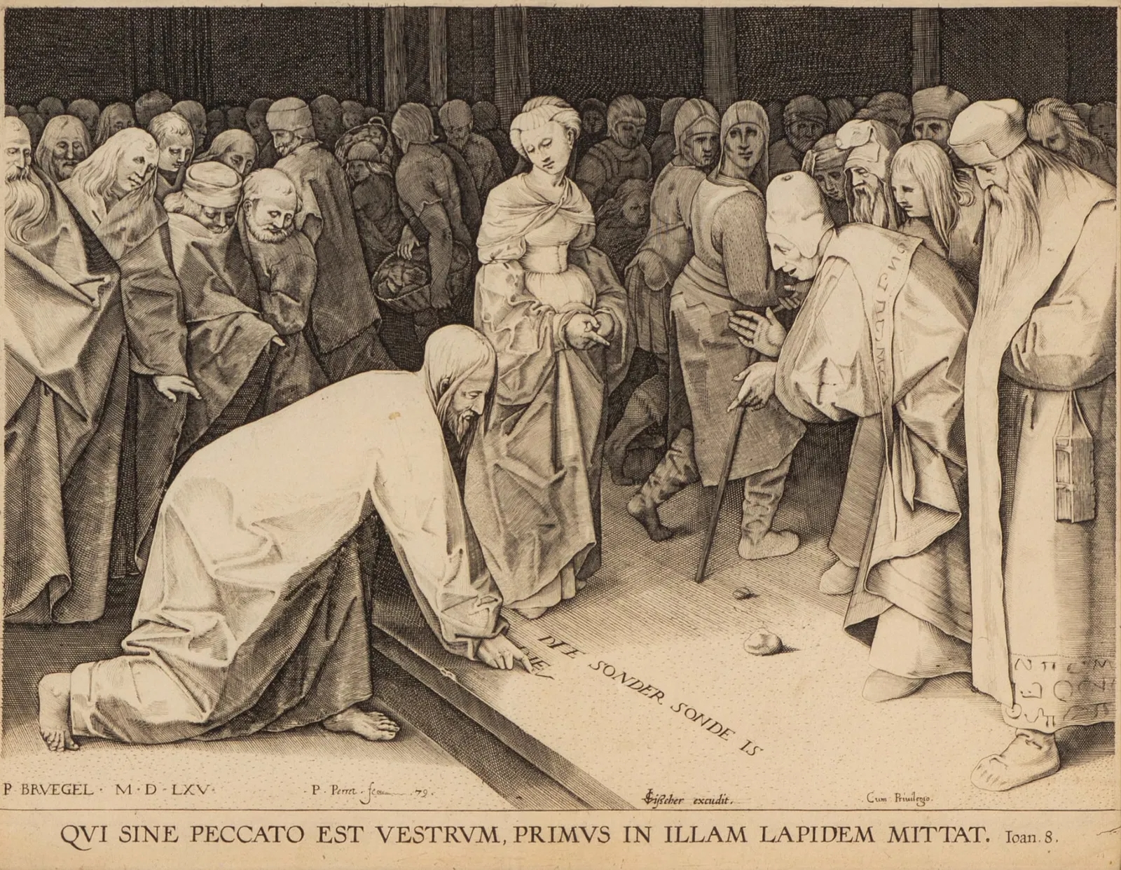 Artwork by Pieter Brueghel the Elder, Pierre Perret, CHRIST AND THE WOMAN TAKEN IN ADULTERY   (refer to: Bastelaer-Hollstein 111; Lari 107; New Hollstein A2), Made of engraving