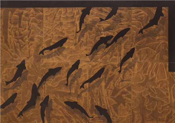 Charles Krafft "Up Stream" 1982 Large Tempera Painting by Charles Krafft, 1982