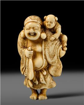 OKATOMO: A FINE IVORY NETSUKE OF HOTEI WITH A KARAKO - Yamaguchi Okatomo