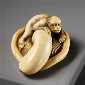 A SUPERB IVORY NETSUKE OF A MONKEY ON AN UPTURNED MUSHROOM, ATTRIBUTED TO OKATOMO - Yamaguchi Okatomo