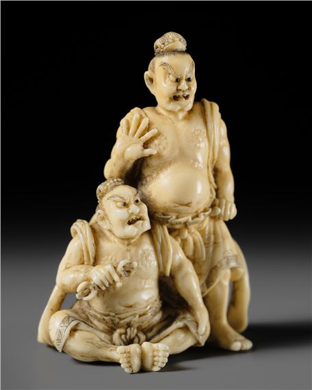 HOKYUDO ITSUMIN: A FINE IVORY NETSUKE OF TWO NIO GUARDIANS by Hokyudo Itsumin, circa 1860