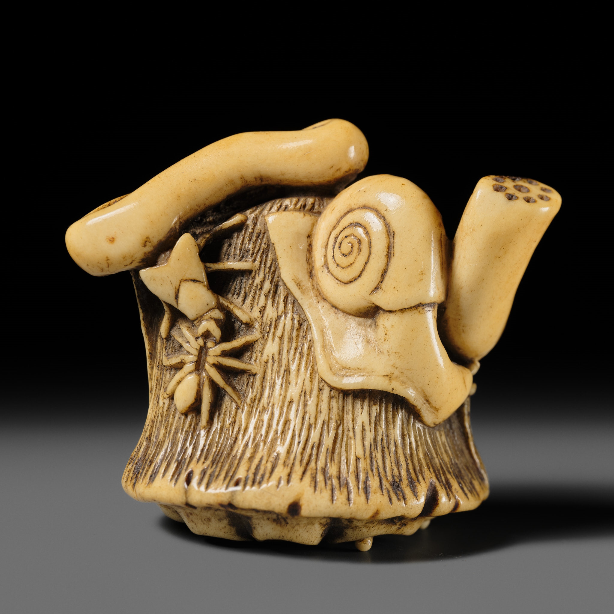 Artwork by Hizen Matsura Ittei, ITTEI: AN ANTLER (TRICK) NETSUKE OF A LOTUS POD WITH THE MAKINO CLAN MON, Made of plaque