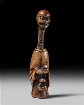 A RARE KARAKURI (TRICK) WOOD NETSUKE OF MIKOSHI NYUDO SCARING A BLIND MAN, ATTRIBUTED TO SHUGETSU - Shugetsu