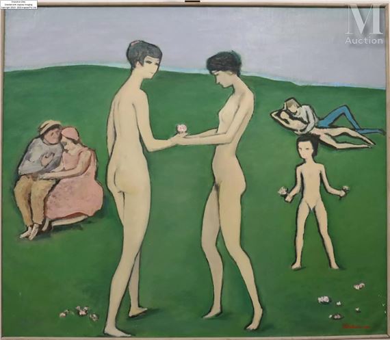 A surreal landscape painting featuring two central nude figures exchanging flowers amidst a group of smaller, stylized figures on a green hill.