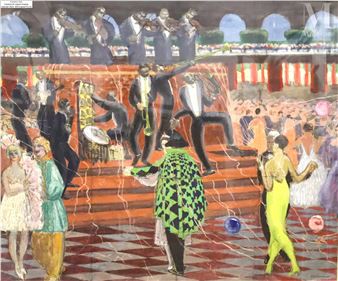A lively, colorful illustration of a grand ballroom party with musicians and dancers.