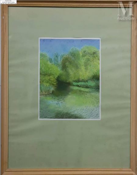 A framed pastel landscape of a river reflecting lush green trees under a blue sky.