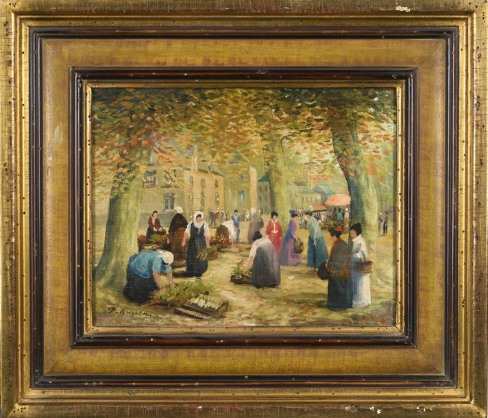 Artwork by Pierre Augier, Market scene, Made of Oil on panel