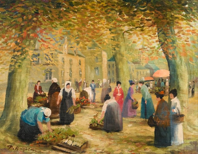 Artwork by Pierre Augier, Market scene, Made of Oil on panel