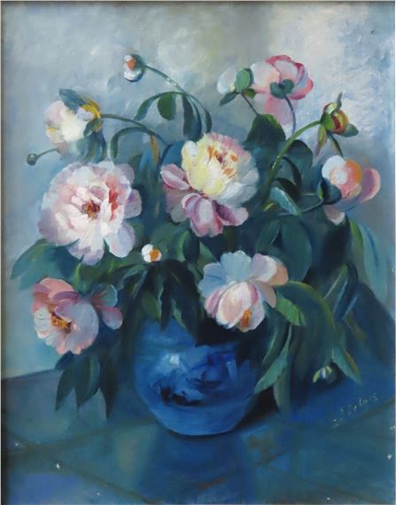 Depicting roses in a blue vase - Ingeborg Bentine Debois