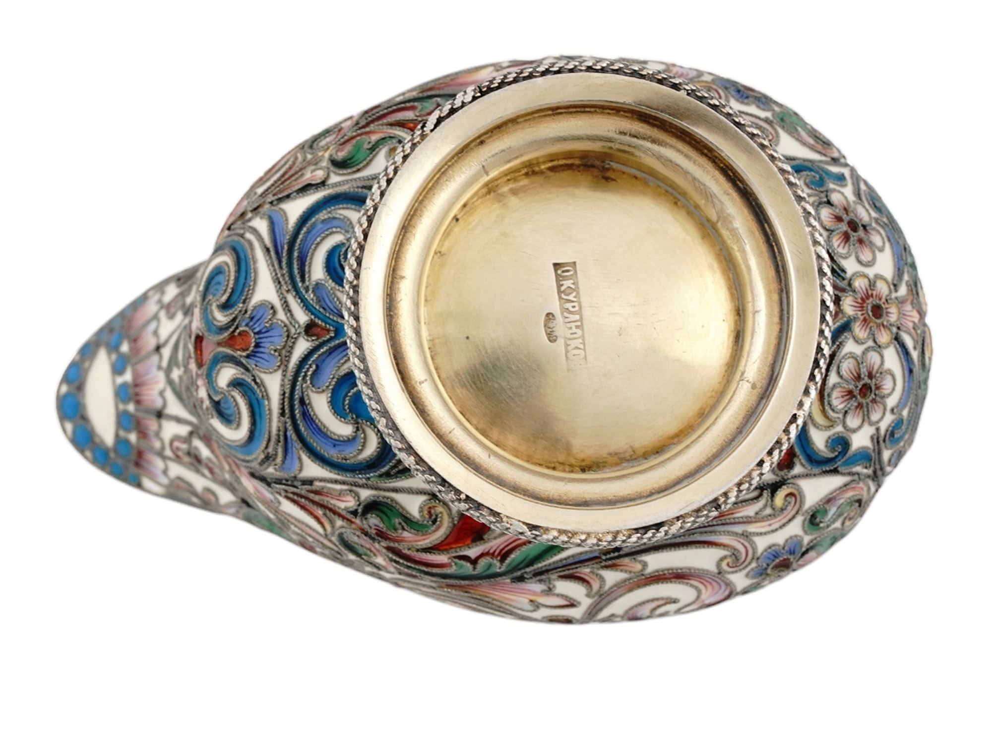 Artwork by Orest Kurliukov, RARE RUSSIAN SILVER AND ENAMEL KOVSH, Made of GILT AND CLOISONNE ENAMEL