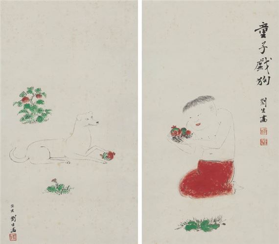 Boy playing with a dog (a pair of scrolls) by Kishida Ryusei, 1923