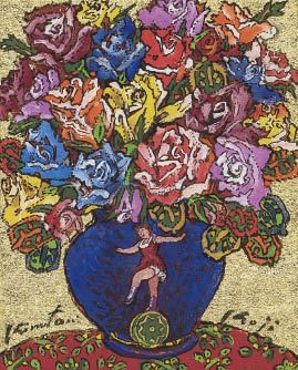 Koji Kinutani | Golden background and roses in blue vase with circus ...