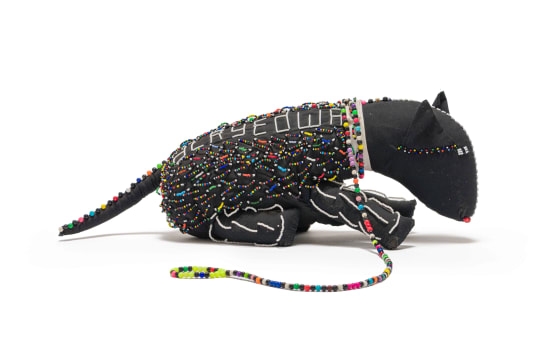 Artwork by Khulumelaphi Mahlambisa, Inja (Dog), Made of glass and plastic beads in looped stitch (Izhibe) and fabric