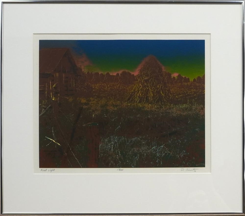 Artwork by D.l. Sheets, D. Sheets, American, 20th Century, First Light, Screenprint in Color, Numbered 17/100, Frame: 18 1/2 x 20 3/4 in. (47 x 52.7 cm.), Made of Light, Screenprint in Color