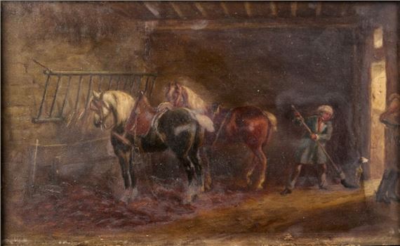 1873). Two horses harnessed at the stable. Oil on panel signed lower left. Height 16.7 cm by Auguste Sebastien Benard