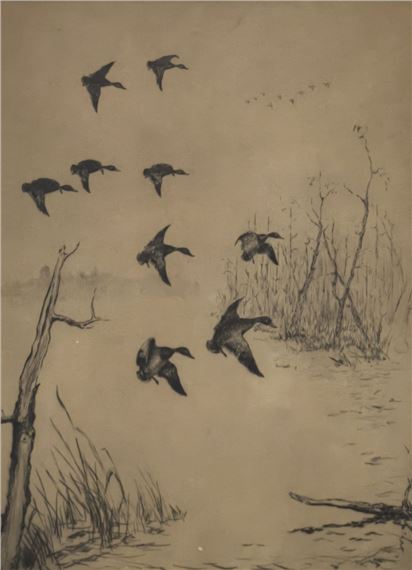 A monochromatic print capturing a flock of birds in flight over a misty marshland.
