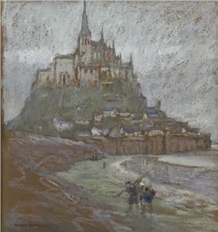 A muted-toned landscape painting of a coastal abbey with figures in the foreground.