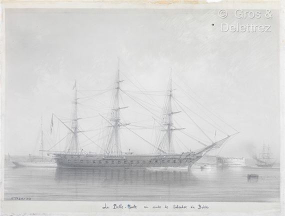 Brazil]. [Marine]. [Drawing]. FREMY (A.). The Belle-Poule in Salvador de Bahia harbor. 1843. Pencil drawing on paper with white highlights. Signed and dated lower left and titled below. Approx. 59.5 x 56 cm (excluding title). Small tear but not missing on the title - Anne Fremy