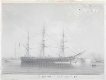 Brazil]. [Marine]. [Drawing]. FREMY (A.). The Belle-Poule in Salvador de Bahia harbor. 1843. Pencil drawing on paper with white highlights. Signed and dated lower left and titled below. Approx. 59.5 x 56 cm (excluding title). Small tear but not missing on the title - Anne Fremy