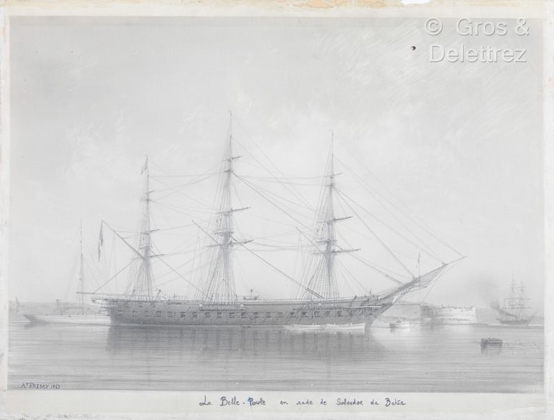 Artwork by Anne Fremy, Brazil]. [Marine]. [Drawing]. FREMY (A.). The Belle-Poule in Salvador de Bahia harbor. 1843. Pencil drawing on paper with white highlights. Signed and dated lower left and titled below. Approx. 59.5 x 56 cm (excluding title). Small tear but not missing on the title, Made of Pencil drawing on paper with white