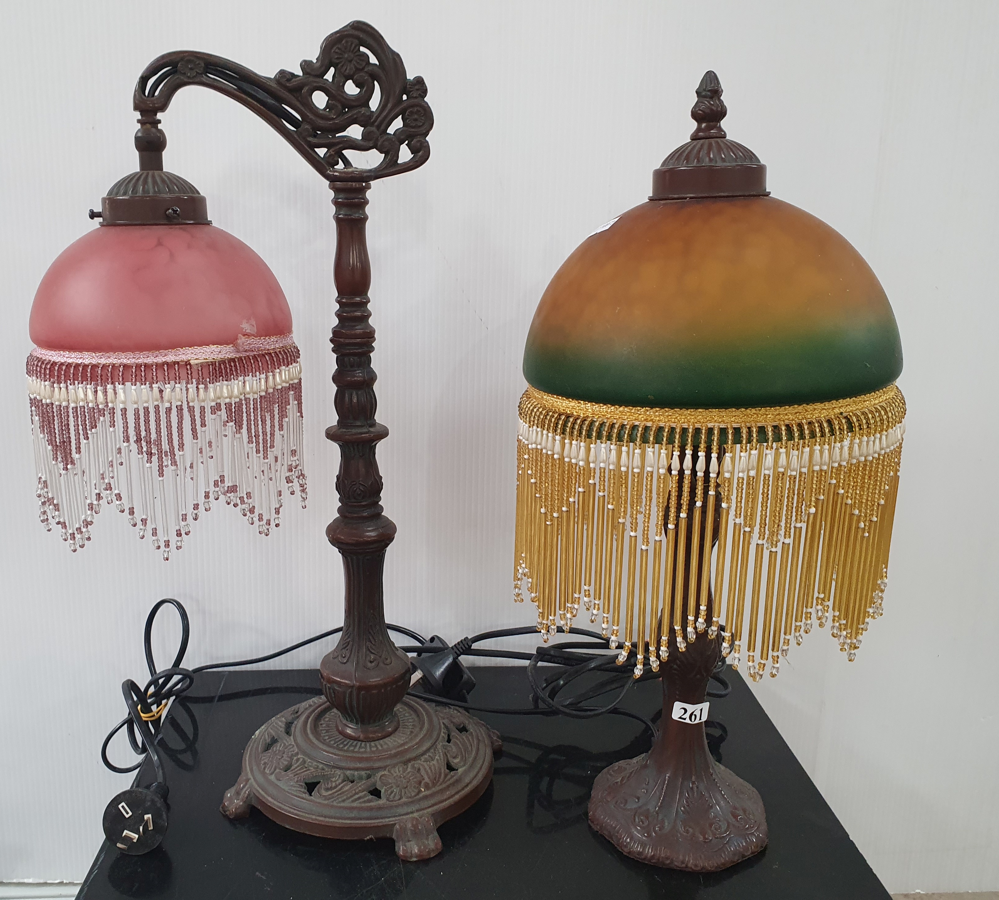 Artwork by Fringe, TWO PERIOD STYLE TABLE LAMPS WITH MOTTLED GLASS SHADES AND BEADED FRINGE, Made of MOTTLED GLASS