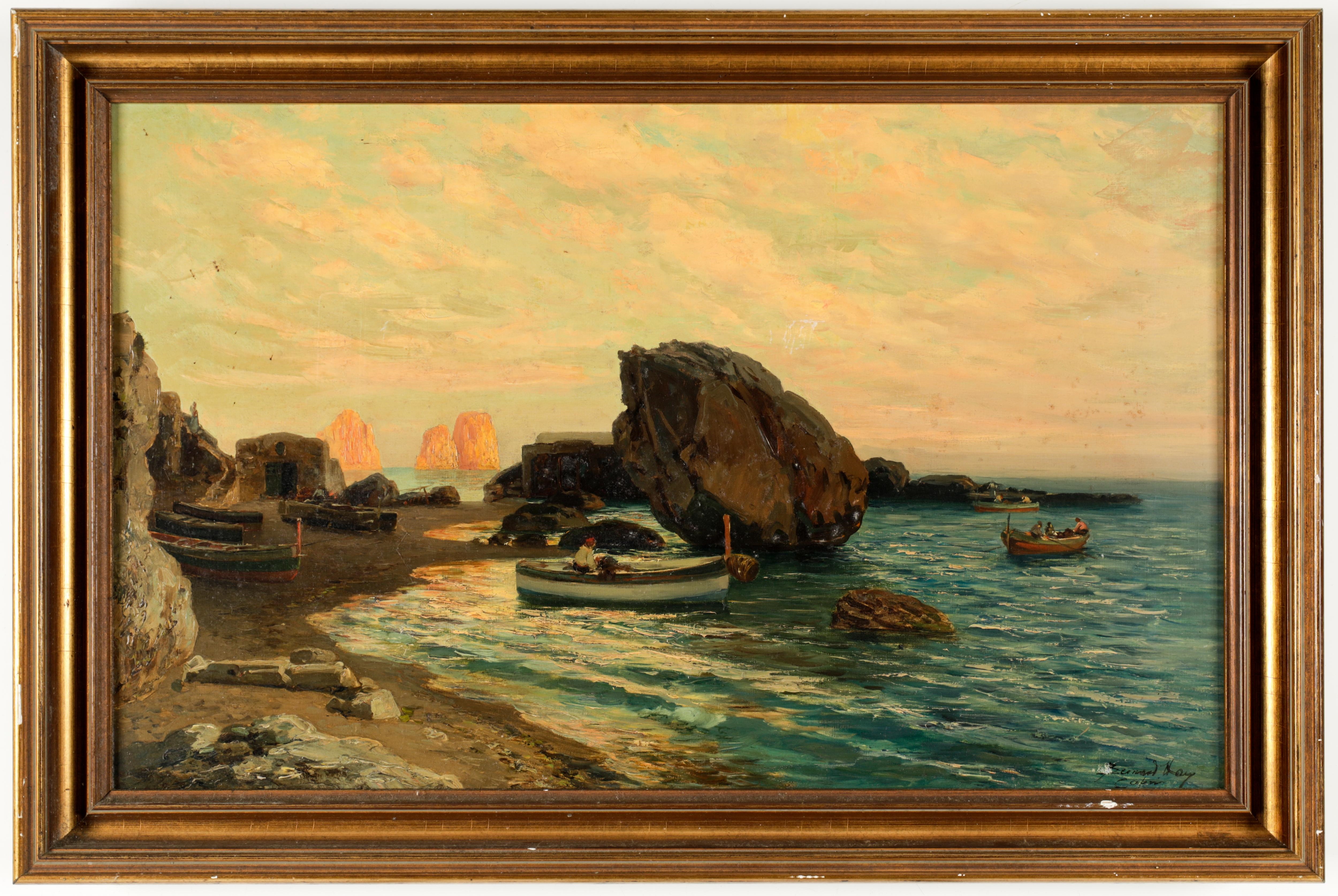Artwork by Bernardo Hay, Fischerboote an der Küste von Capri mit den Faraglioni-Felsen, Made of oil on canvas