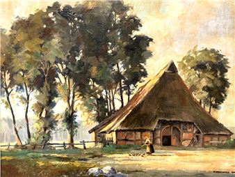 Ammerländer Bauernkate mit Bäuerin und Hühnern - Gramberg, Gerd