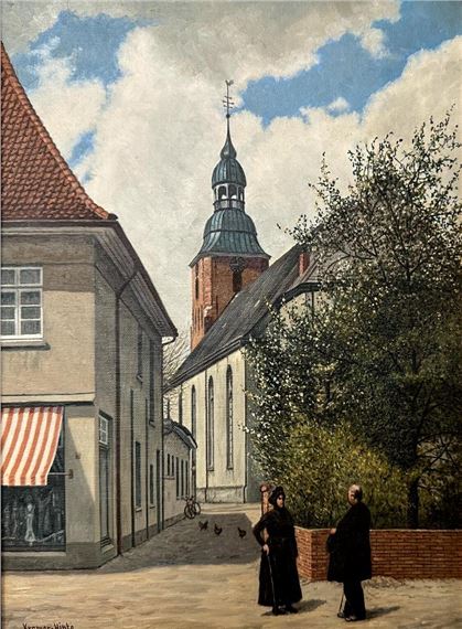 "Blick auf die St. Andreaskirche von der Löningerstr. aus durch die Gasse Bauernschänke Wienken mit 2 Personen"