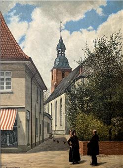 "Blick auf die St. Andreaskirche von der Löningerstr. aus durch die Gasse Bauernschänke Wienken mit 2 Personen" - Heinz Kramer-Hinte