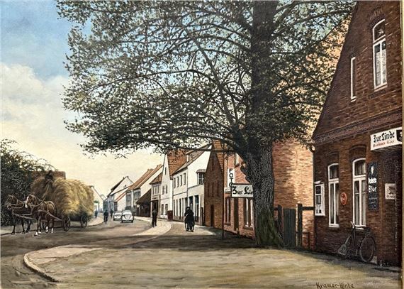 "Blick auf die Löningerstr. Richtung Innenstadt, rechts u.a. Kneipe Zur Linde (von Hammel), Tischlerei Grotjan, Schuster Meyer, Kolonialwaren Schröer, Bäckerei Hofrogge etc."