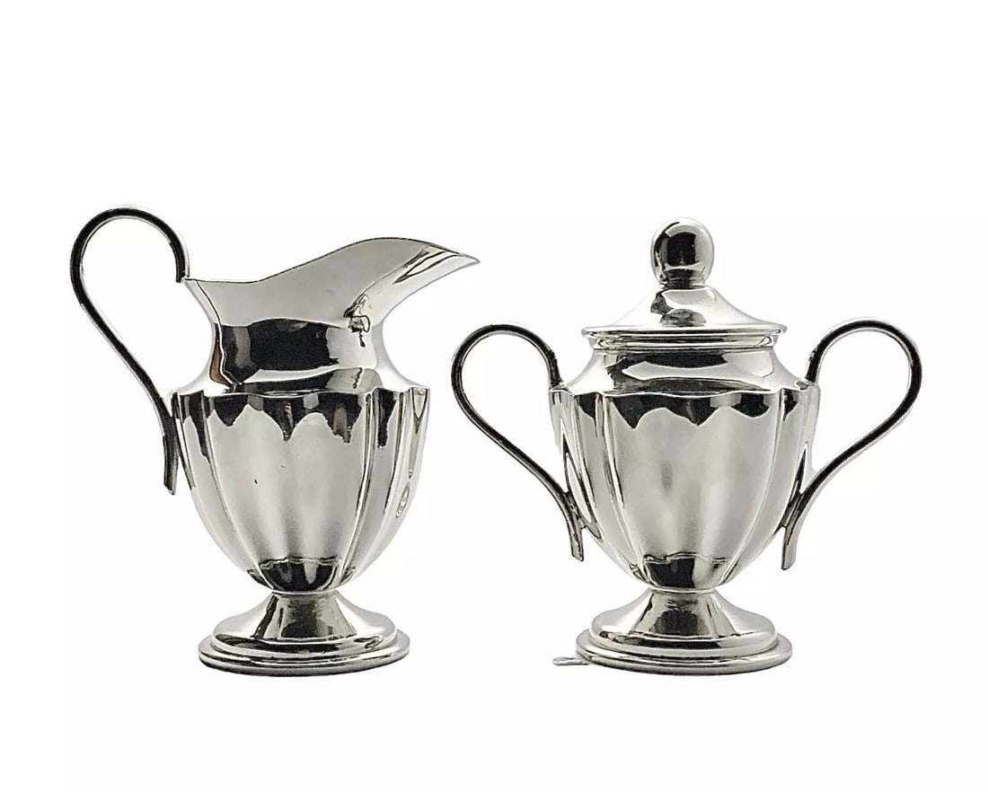 Artwork by Los Castillo, Silverplated Creamer & Lidded Sugar Pot by Los Castillo, Mexico 1970s, Made of Silverplate