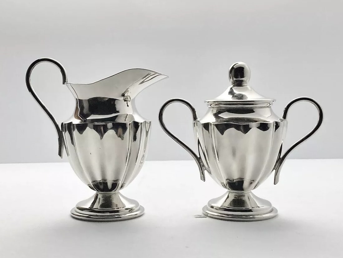 Artwork by Los Castillo, Silverplated Creamer & Lidded Sugar Pot by Los Castillo, Mexico 1970s, Made of Silverplate