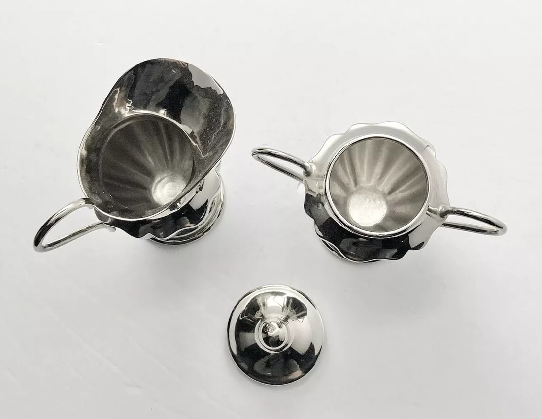 Artwork by Los Castillo, Silverplated Creamer & Lidded Sugar Pot by Los Castillo, Mexico 1970s, Made of Silverplate