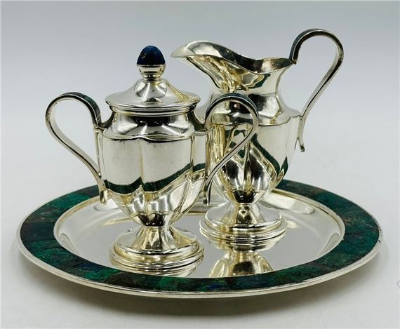 Los Castillo, Tea/Coffee Service Including Tray, Pitcher & Creamer w/ Azurite & Malachite, Mexico by Los Castillo, late 20th century