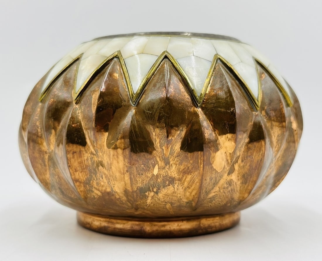 Artwork by Los Castillo, Copper and Mother of Pearl Inlay Lobed Vase by Los Castillo, Mexico 1960's, Made of sculpture