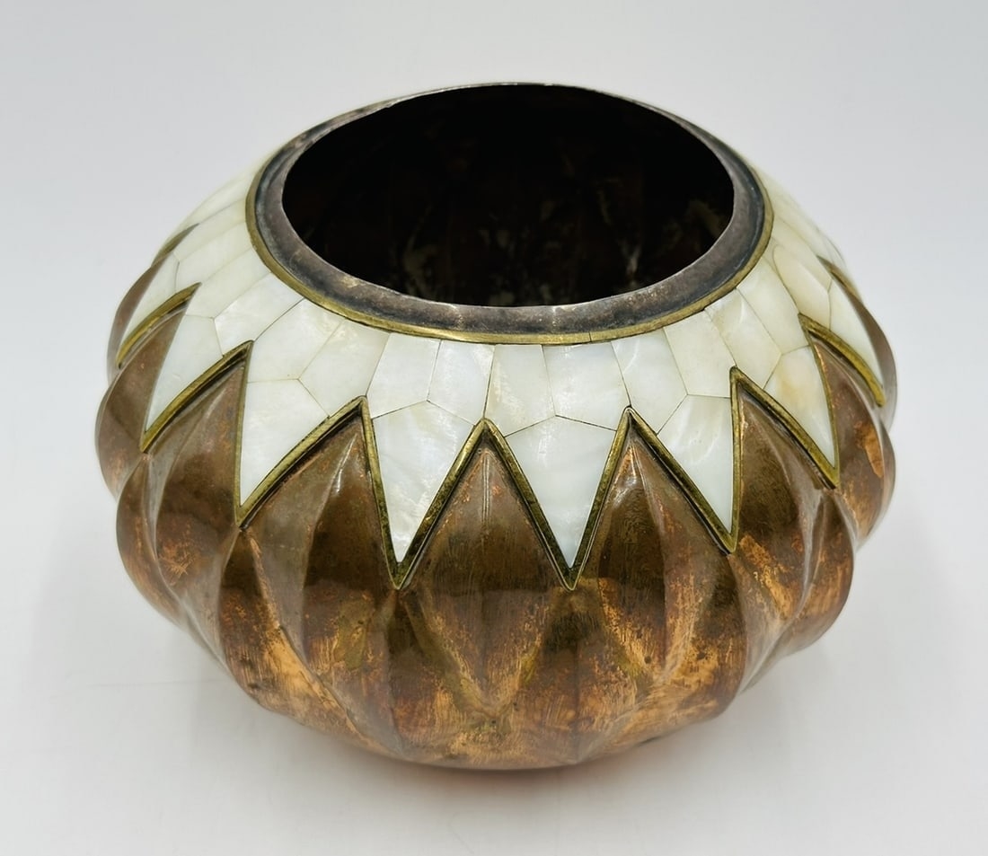 Artwork by Los Castillo, Copper and Mother of Pearl Inlay Lobed Vase by Los Castillo, Mexico 1960's, Made of sculpture