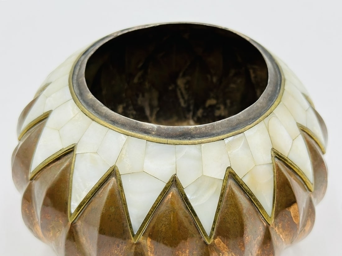 Artwork by Los Castillo, Copper and Mother of Pearl Inlay Lobed Vase by Los Castillo, Mexico 1960's, Made of sculpture