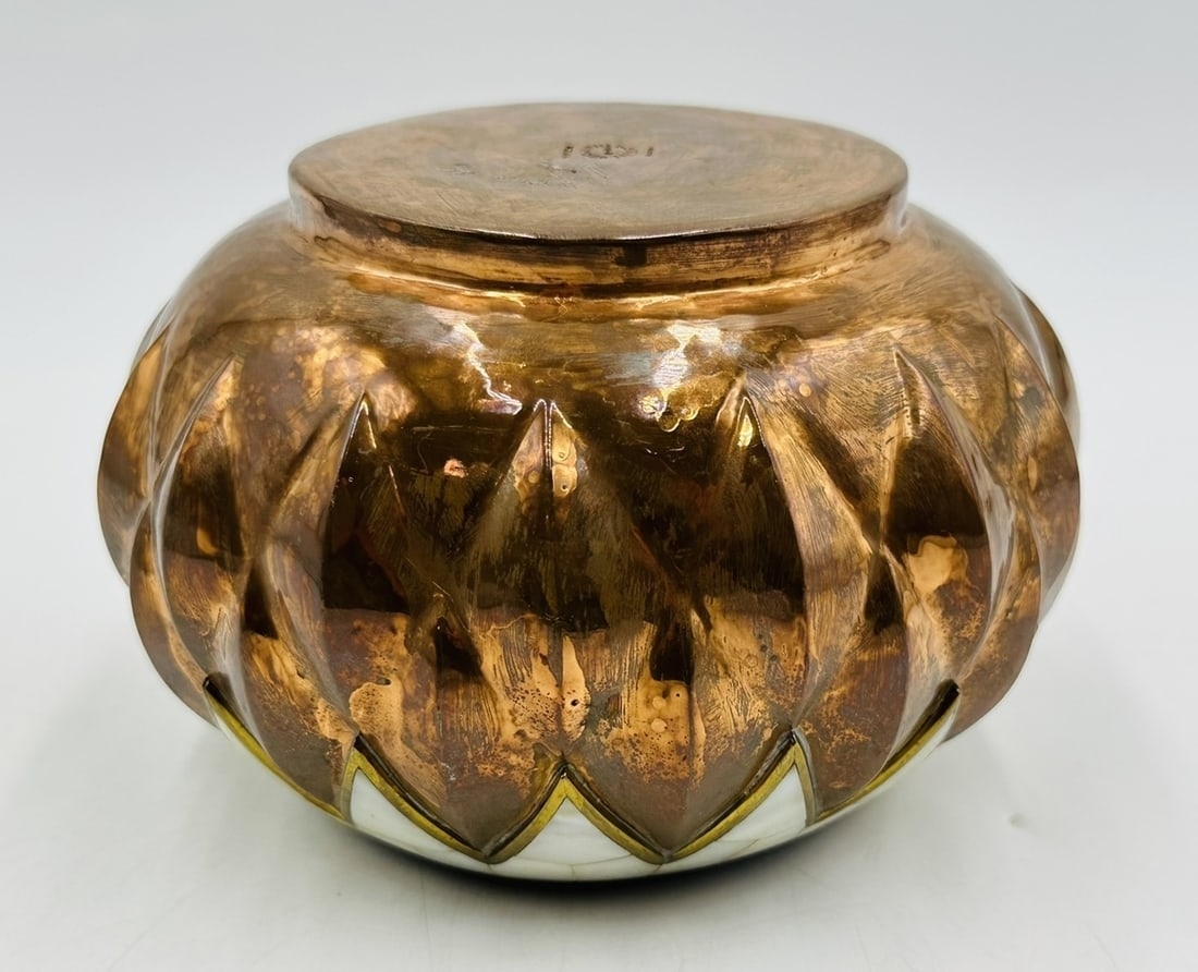 Artwork by Los Castillo, Copper and Mother of Pearl Inlay Lobed Vase by Los Castillo, Mexico 1960's, Made of sculpture