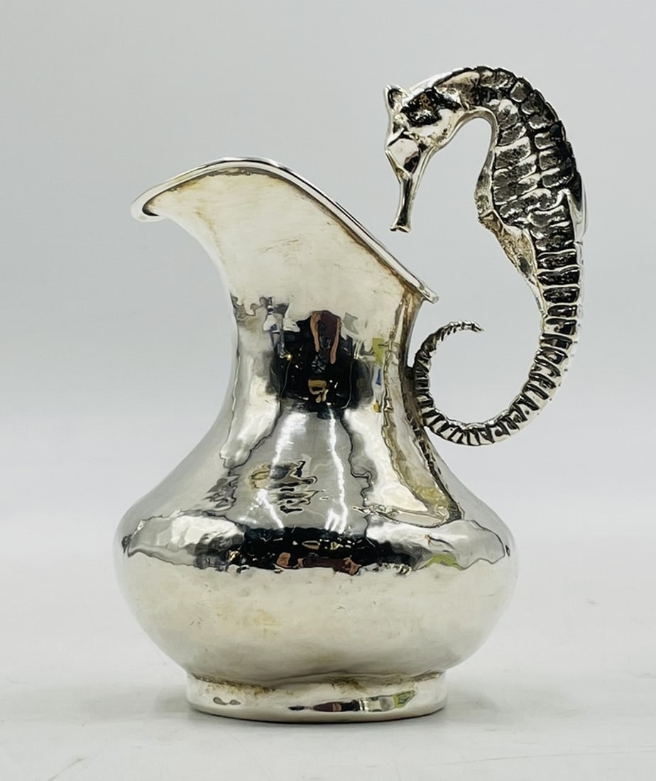 Artwork by Los Castillo, Silver Plated Creamer Pitcher With Seahorse Handle by Los Castillo, Mexico 1970's, Made of Silver plated
