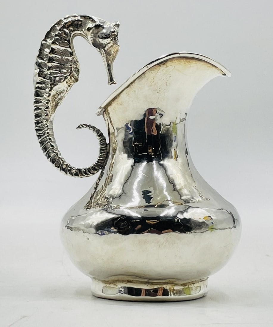 Artwork by Los Castillo, Silver Plated Creamer Pitcher With Seahorse Handle by Los Castillo, Mexico 1970's, Made of Silver plated