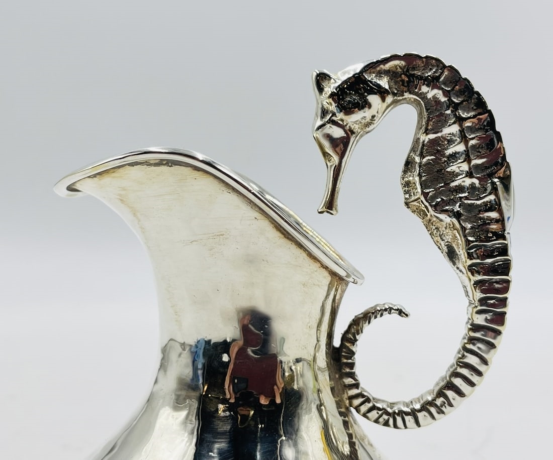 Artwork by Los Castillo, Silver Plated Creamer Pitcher With Seahorse Handle by Los Castillo, Mexico 1970's, Made of Silver plated